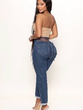Fashion Nova Dark Blue Straight-Leg High-Waist Jeans with Lace-Up Back